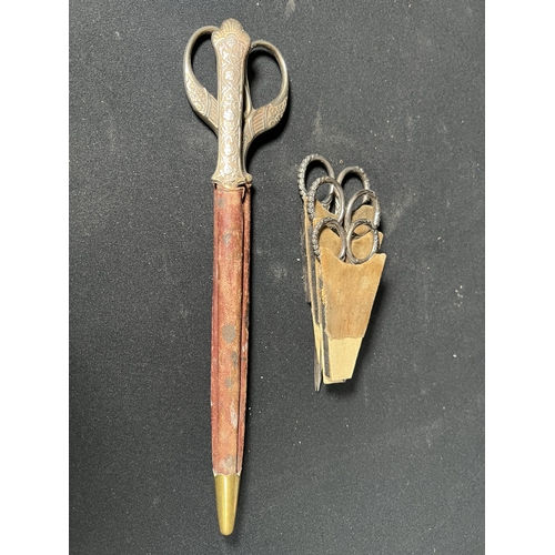 114 - Set of 3 pairs of antique scissors and a leather scissor and letter opener set