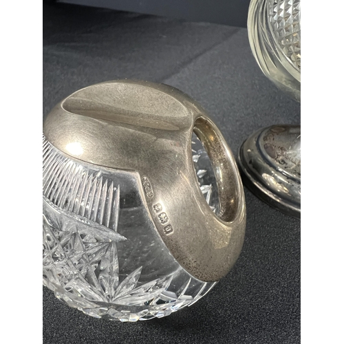 125 - Silver topped scent bottle, silver based flower arranger and silver rimmed ashtray