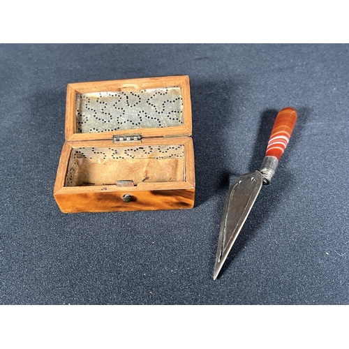 89 - Antique wooden box and agate handled book mark