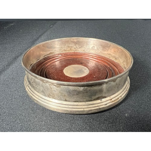 223 - Silver and wooden bottle coaster - 12cm dia