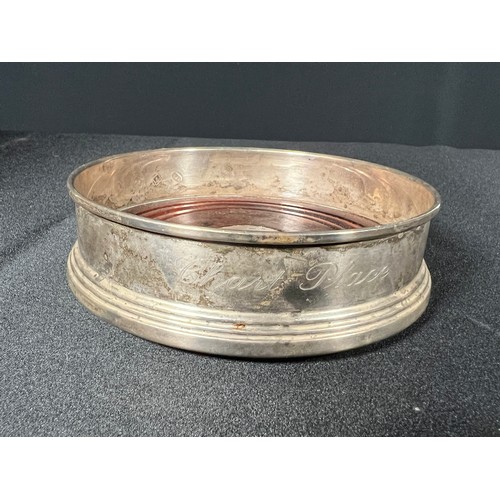 223 - Silver and wooden bottle coaster - 12cm dia