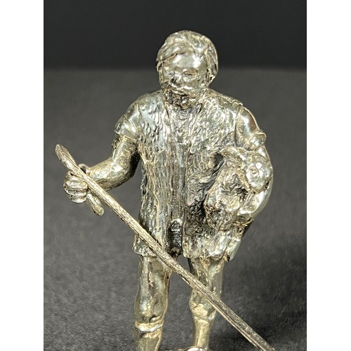 190 - Cast silver figure of farmer with crook and sheep dog 375g