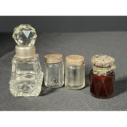 191 - Silver topped scent bottle, Red glass silver topped scent bottle and pair of silver topped cruets