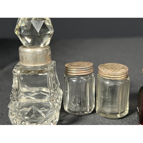 191 - Silver topped scent bottle, Red glass silver topped scent bottle and pair of silver topped cruets