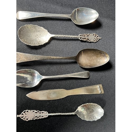 160 - Bone marrow spoon, butter knife and 5 other silver spoons