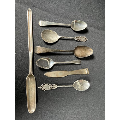 160 - Bone marrow spoon, butter knife and 5 other silver spoons