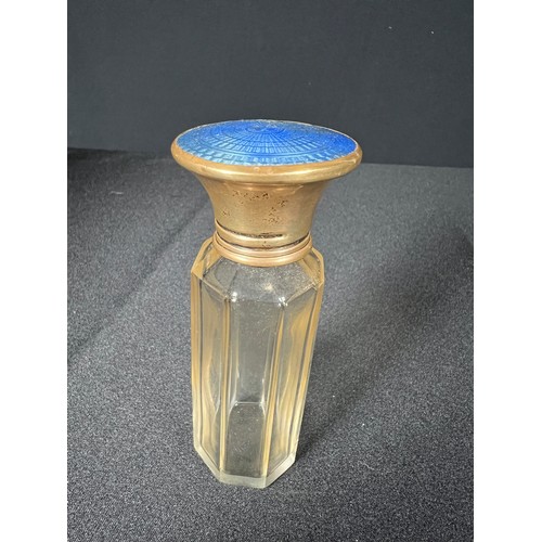 132 - Blue enamel and silver topped vanity bottle