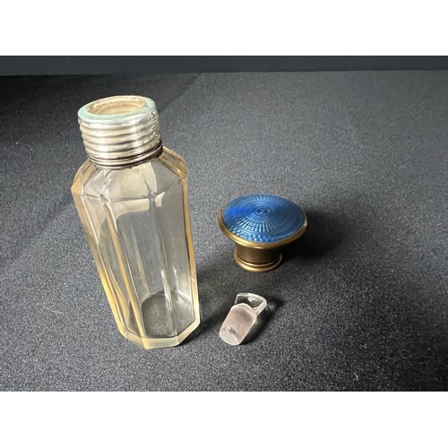 132 - Blue enamel and silver topped vanity bottle