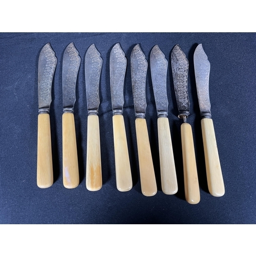 77 - 8 silver bladed fish knives with bone handles