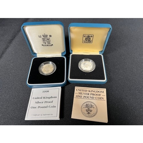 299 - 2 Silver proof £1 coins both with certificates