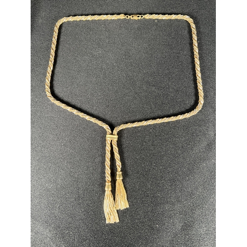 538 - 9ct gold rope link necklace with tassels 23.5g, length: 47cm (from loop to clip)