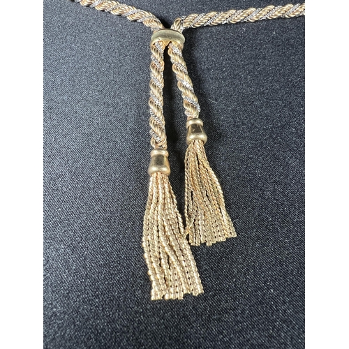 538 - 9ct gold rope link necklace with tassels 23.5g, length: 47cm (from loop to clip)