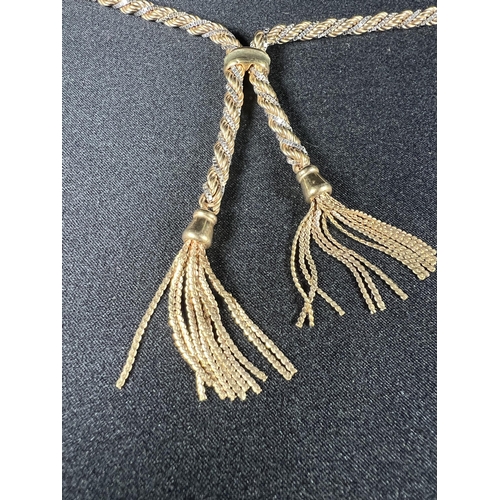 538 - 9ct gold rope link necklace with tassels 23.5g, length: 47cm (from loop to clip)