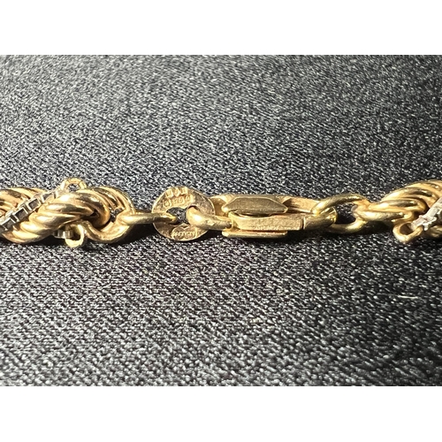 538 - 9ct gold rope link necklace with tassels 23.5g, length: 47cm (from loop to clip)