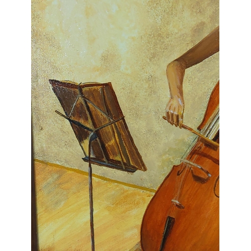 48 - Oil on canvas picture titled 'The Cellist' by Reg Fahey, 53 x 63cms