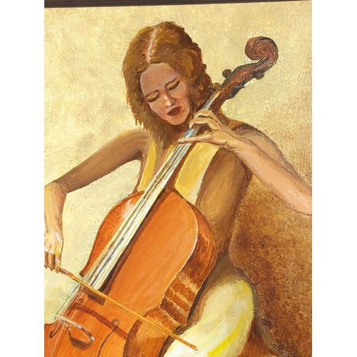 48 - Oil on canvas picture titled 'The Cellist' by Reg Fahey, 53 x 63cms