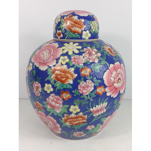 99 - Oriental ginger jar with wooden base, approx 46cms on base, 32cms off base