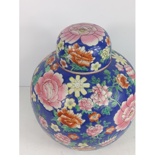 99 - Oriental ginger jar with wooden base, approx 46cms on base, 32cms off base