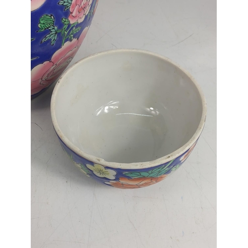 99 - Oriental ginger jar with wooden base, approx 46cms on base, 32cms off base