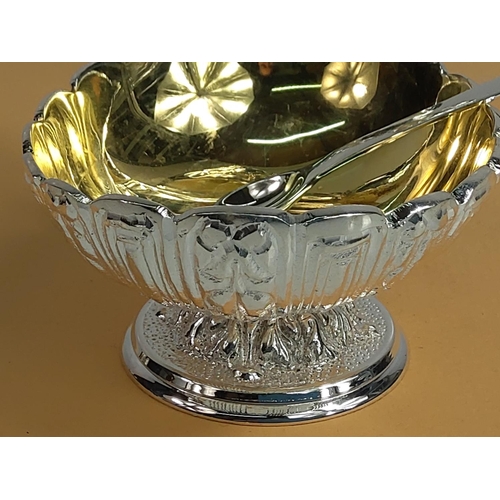 174 - Plated cherub salt pot with spoon, 12 x 9 x 10cms