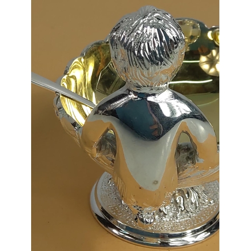 174 - Plated cherub salt pot with spoon, 12 x 9 x 10cms