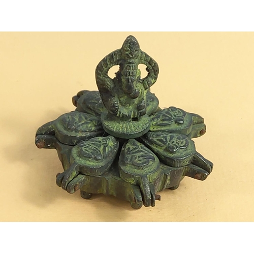 177 - Oriental cast bronze 7 section spice box, 7cms in height x 7cms diameter