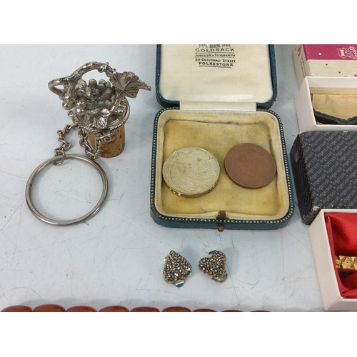 245 - Sundries, jewellery, miniature whiskey, silver necklace, etc