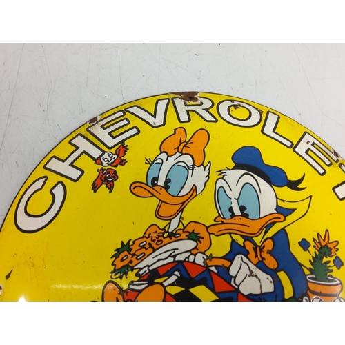 155 - Chevrolet Disney enamel advertising sign, 30cms in height