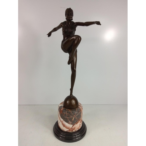 156 - Cast bronze dancing lady on marble base, 55cms in height