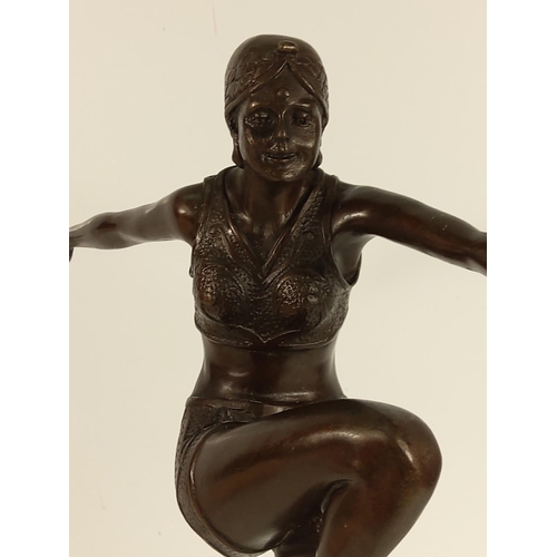 156 - Cast bronze dancing lady on marble base, 55cms in height