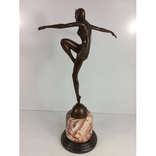 156 - Cast bronze dancing lady on marble base, 55cms in height
