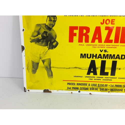 163 - Large enamelled Joe Frazier V Muhammad Ali sign, 59 x 39cms