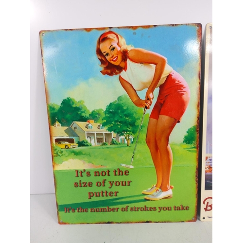 168 - 2 novelty metal advertising signs, 40 x 30cms each