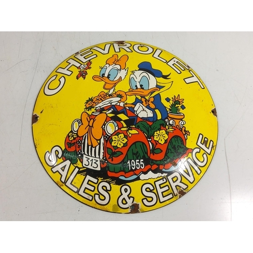 155 - Chevrolet Disney enamel advertising sign, 30cms in height