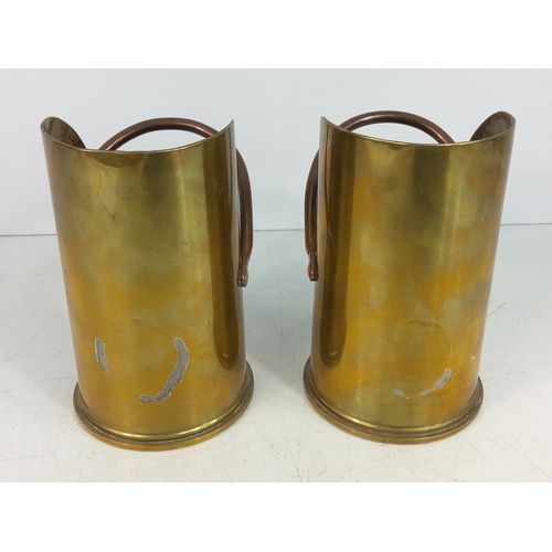 21 - 2 1916 trench art 13 pound shells in the form of coal scuttles, both 15cms in height