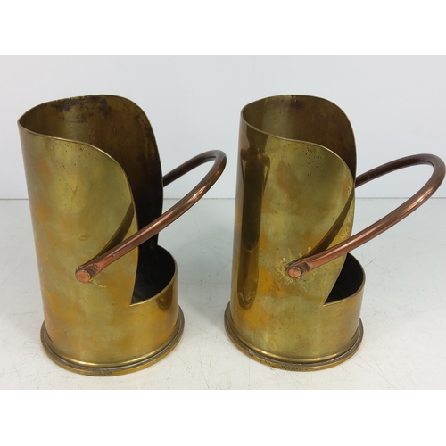 21 - 2 1916 trench art 13 pound shells in the form of coal scuttles, both 15cms in height