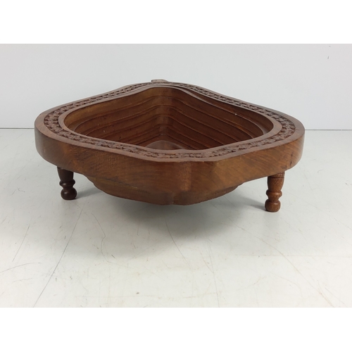 23 - Antique hand carved pear shaped collapsible campaign fruit bowl