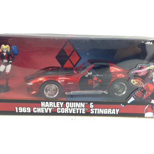 352 - DC model diecast Harley Quinn and 1969 Chevy Corvette Stingray