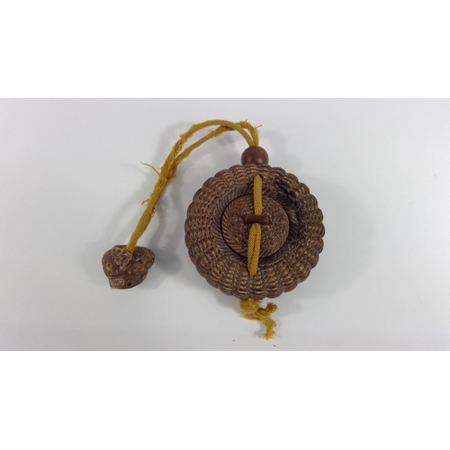 421 - Vintage carved wooden signed Inro in the form of a basket with Netsuke