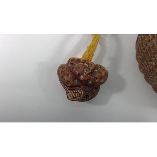 421 - Vintage carved wooden signed Inro in the form of a basket with Netsuke