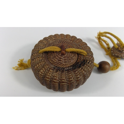 421 - Vintage carved wooden signed Inro in the form of a basket with Netsuke