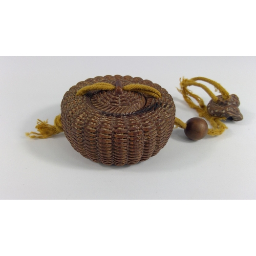 421 - Vintage carved wooden signed Inro in the form of a basket with Netsuke