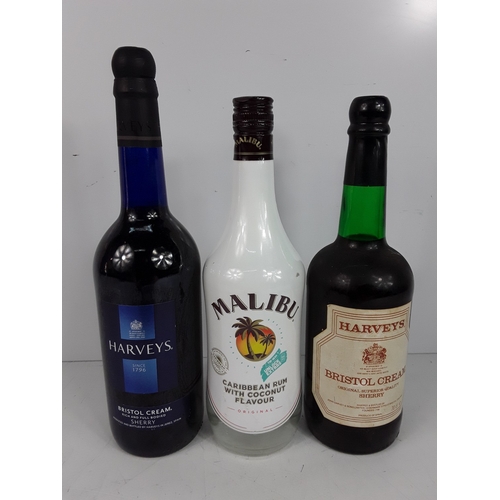 8 - Three bottles, bottle of Original Harveys Sherry, bottle of Rich and Full Bodied and one bottle of C... 