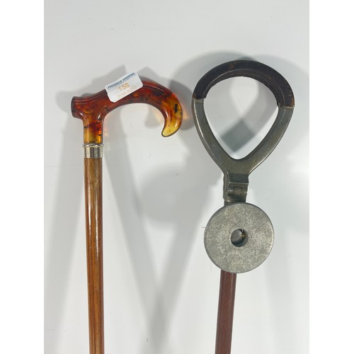 134 - Shooting stick, walking stick and a wooden cased banjo barometer