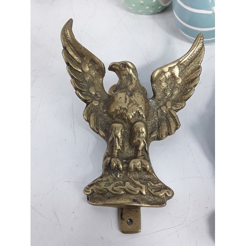 139 - Brass ware including door knockers, trophy, salt & pepper cruet sets and metal egg tin dated 1894