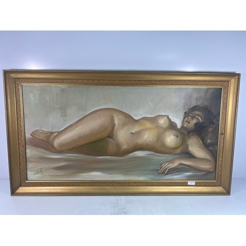 146 - Large oil on canvas of a nude lady signed and dated 69, 114 x 63cms
