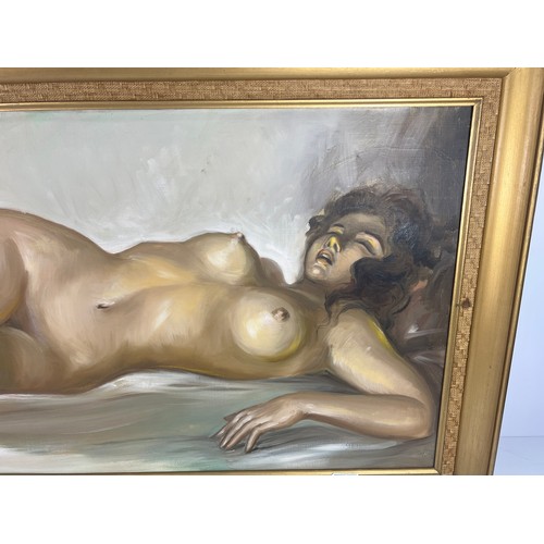 146 - Large oil on canvas of a nude lady signed and dated 69, 114 x 63cms
