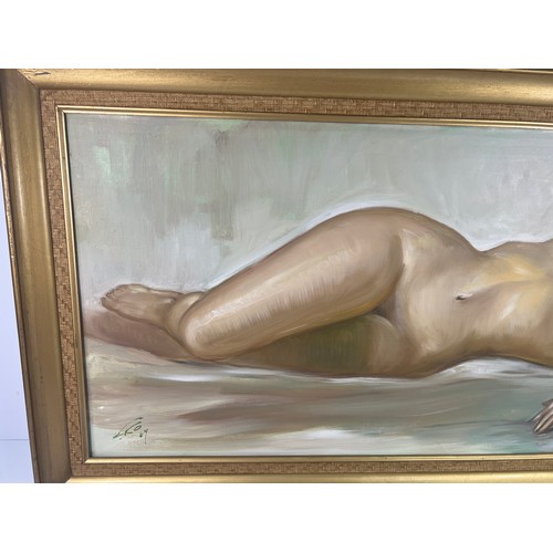 146 - Large oil on canvas of a nude lady signed and dated 69, 114 x 63cms