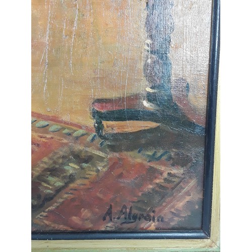 149 - Large framed rare oil on canvas named 'Rijkelijk Brugs Interieur' by Belgium artist, Andree Algrain,... 