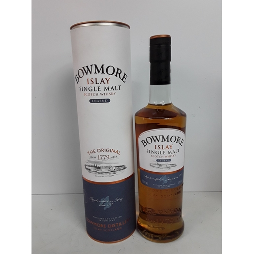15 - Tubed bottle of Bowmore Legend, 70cl, 40% and a bottle of Long John, 26 2/3 fl.oz, 70 proof